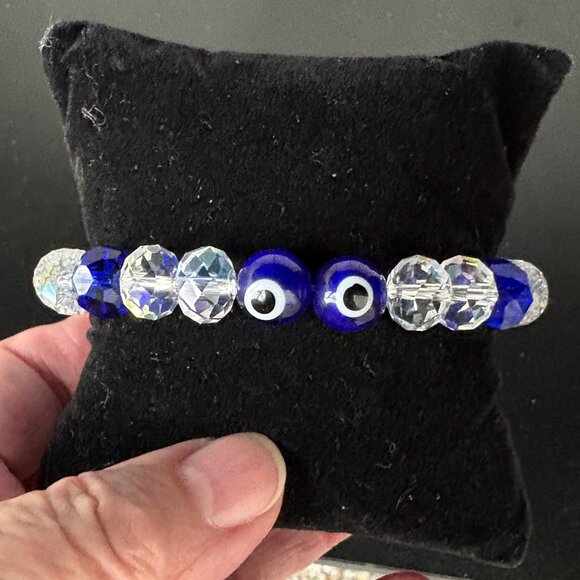 No Brand Jewelry - Evil Eye Protection Stretchy Bracelet Cobalt Blue/Clear Faceted Crystal Beads